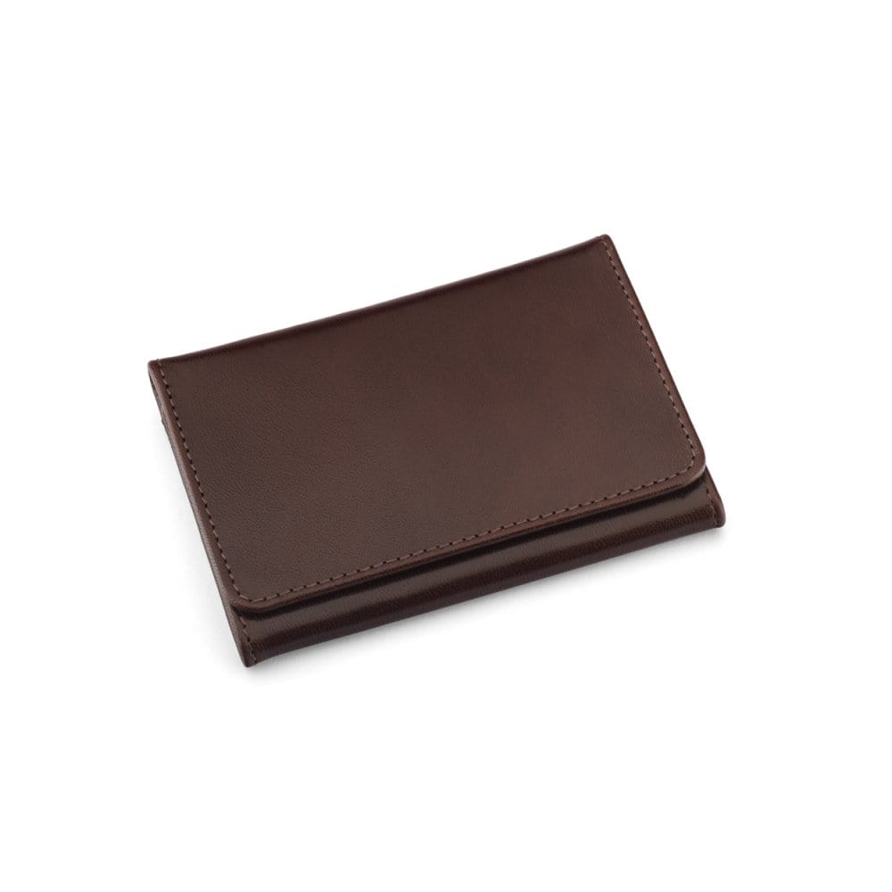 Leather tri-fold travel card holder, brown with cream, front