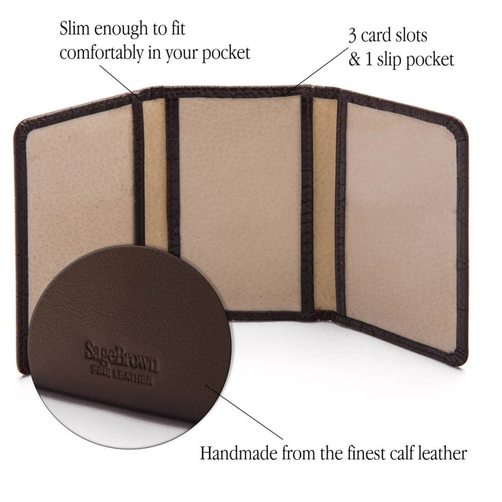 Leather tri-fold travel card holder, brown with cream, features