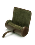 Large leather watch roll, brown with green, inside