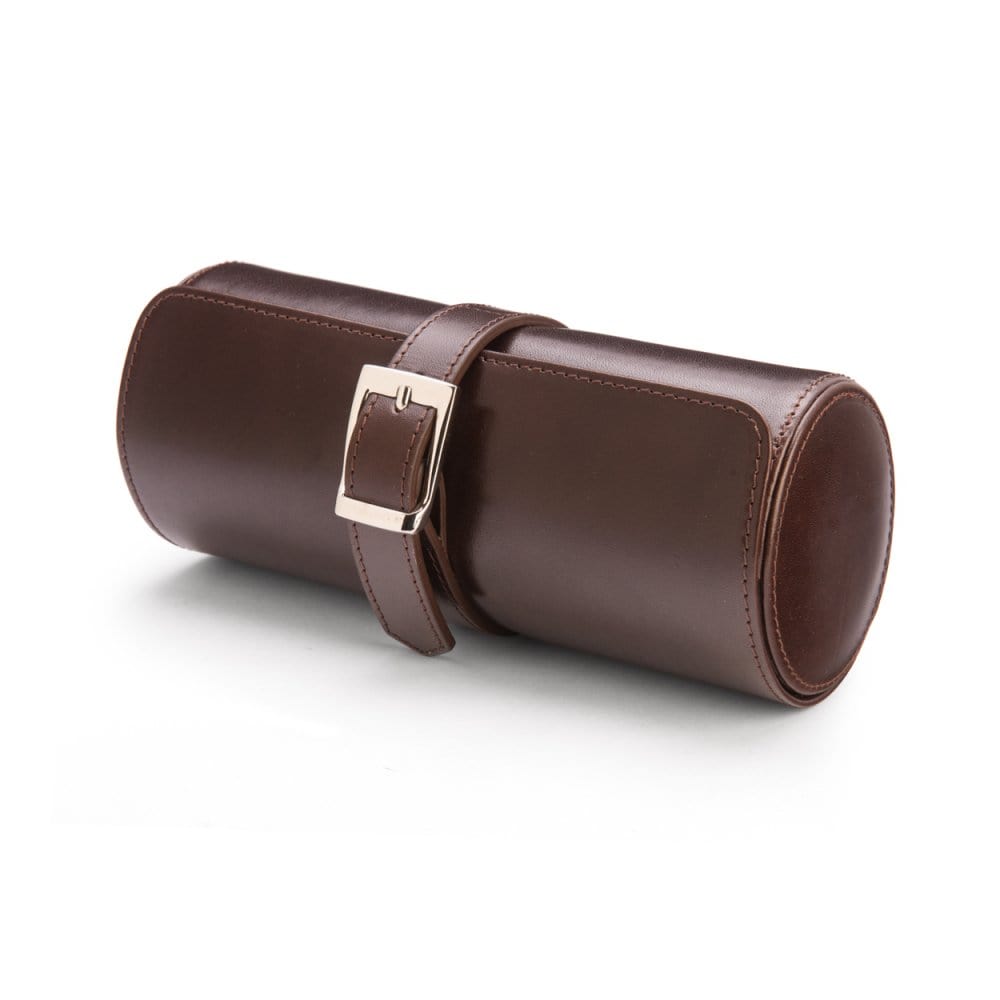 Large leather watch roll, brown with green, front