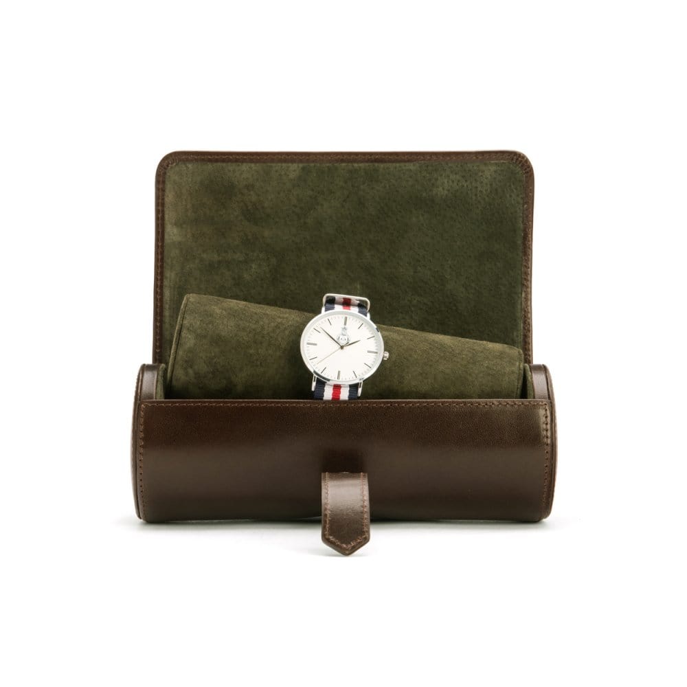 Large leather watch roll, brown with green, open