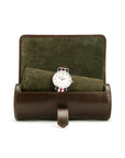 Large leather watch roll, brown with green, open