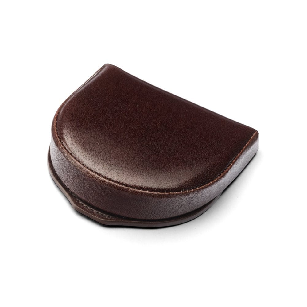 Leather horseshoe coin purse, brown with green, front