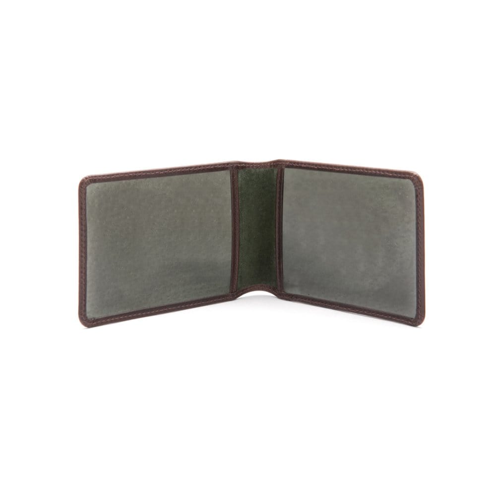 Leather Oyster card holder, brown with green, open