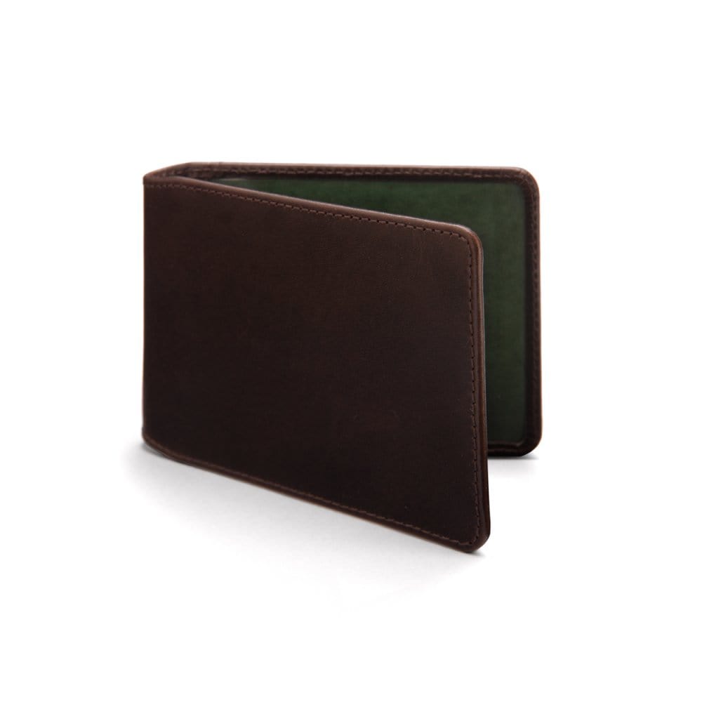 Leather Oyster card holder, brown with green, front