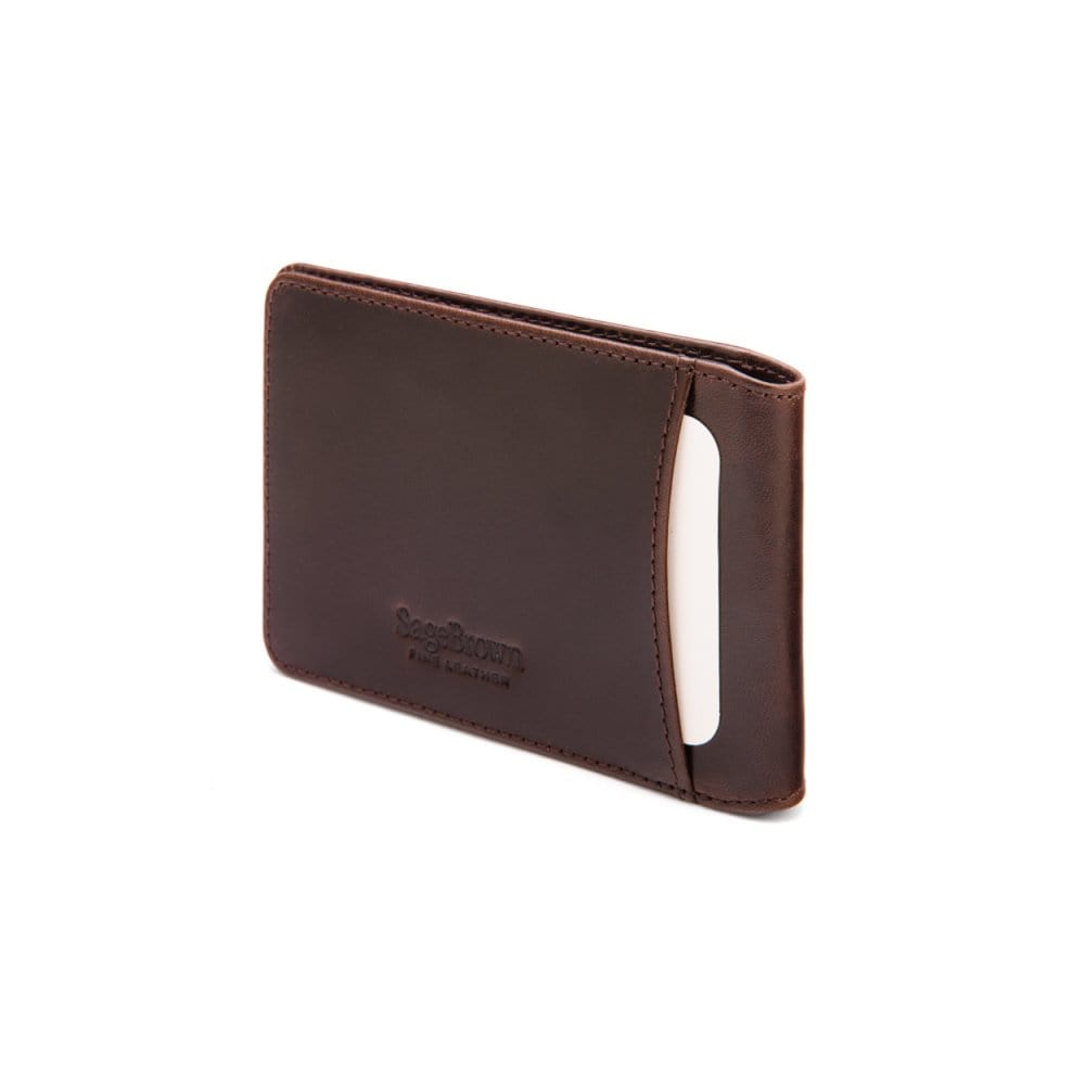 Leather Oyster card holder, brown with green, back