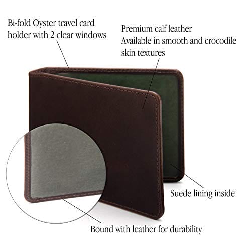 Leather Oyster card holder, brown with green, features