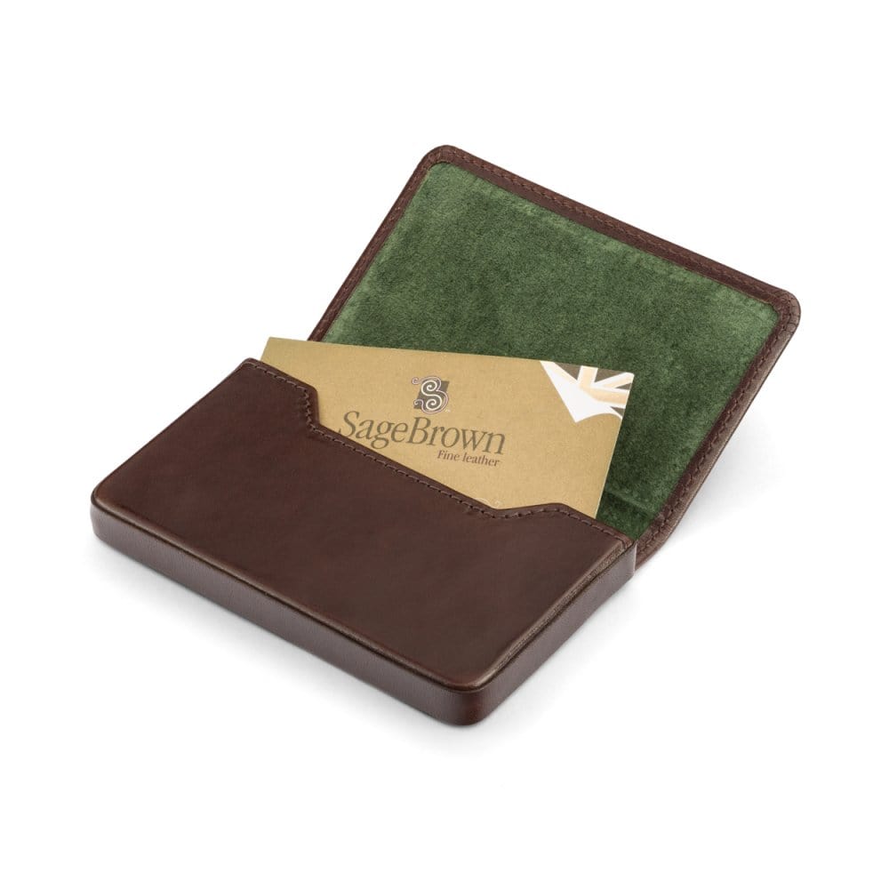 Leather business card holder with magnetic closure, brown with green, inside