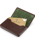 Leather business card holder with magnetic closure, brown with green, inside