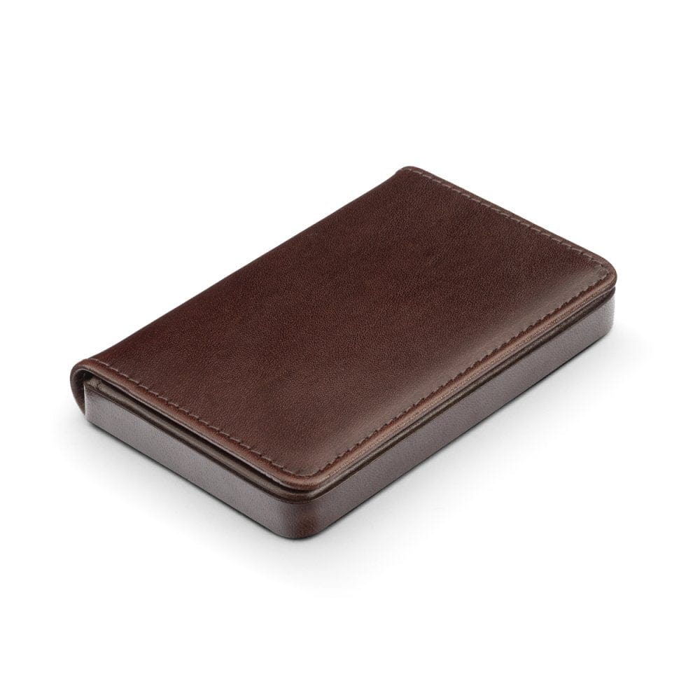 Leather business card holder with magnetic closure, brown with green, side