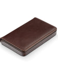 Leather business card holder with magnetic closure, brown with green, side