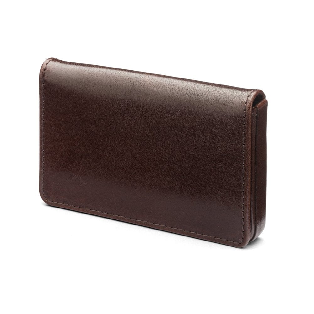 Leather business card holder with magnetic closure, brown with green, front