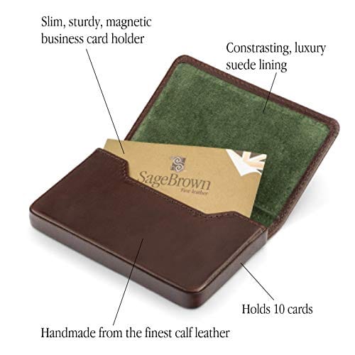 Leather business card holder with magnetic closure, brown with green, features