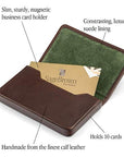 Leather business card holder with magnetic closure, brown with green, features