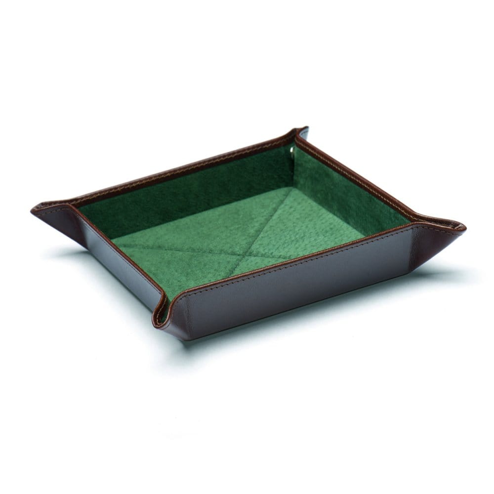 Leather valet tray, brown with green