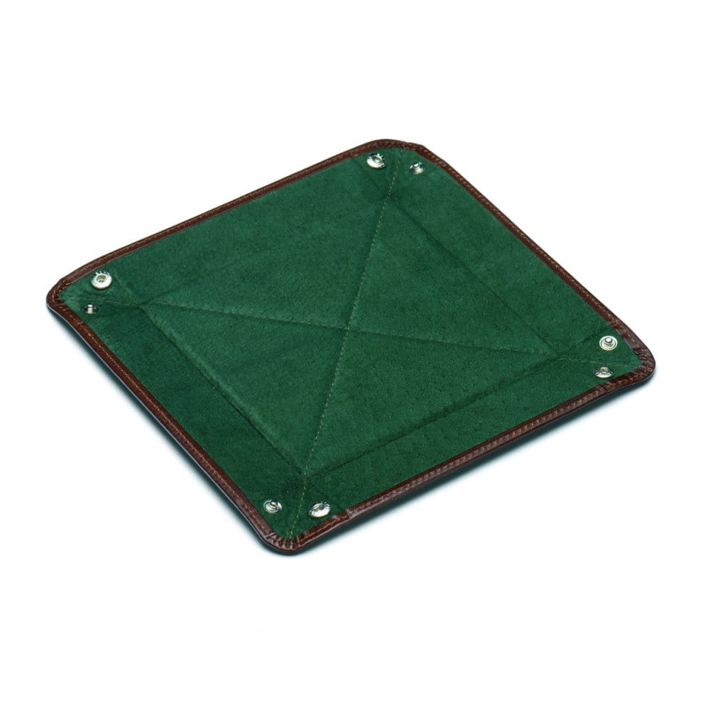 Leather valet tray, brown with green, flat