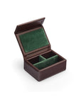 Small leather accessory box, brown with green, inside