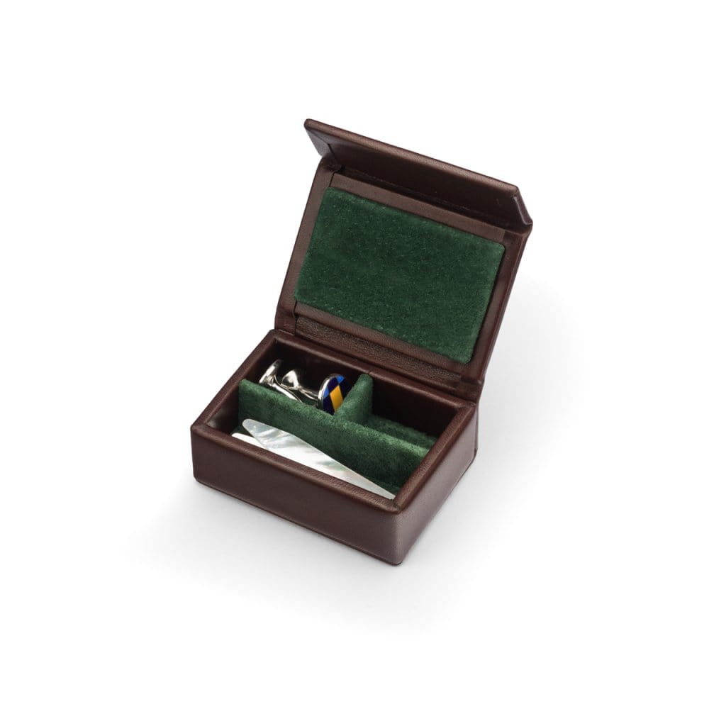 Small leather accessory box, brown with green, open