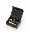 Small leather accessory box, brown with green, open