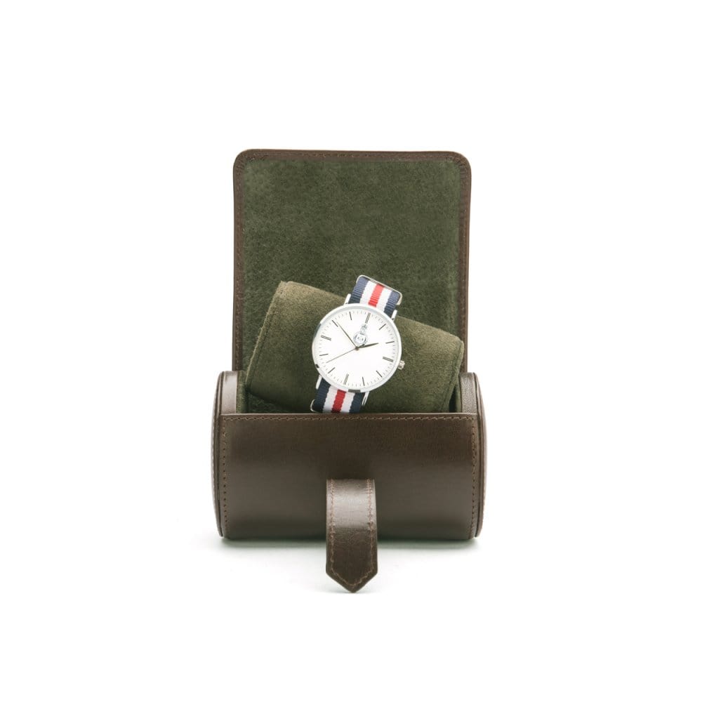 Small leather watch roll, brown with green, inside