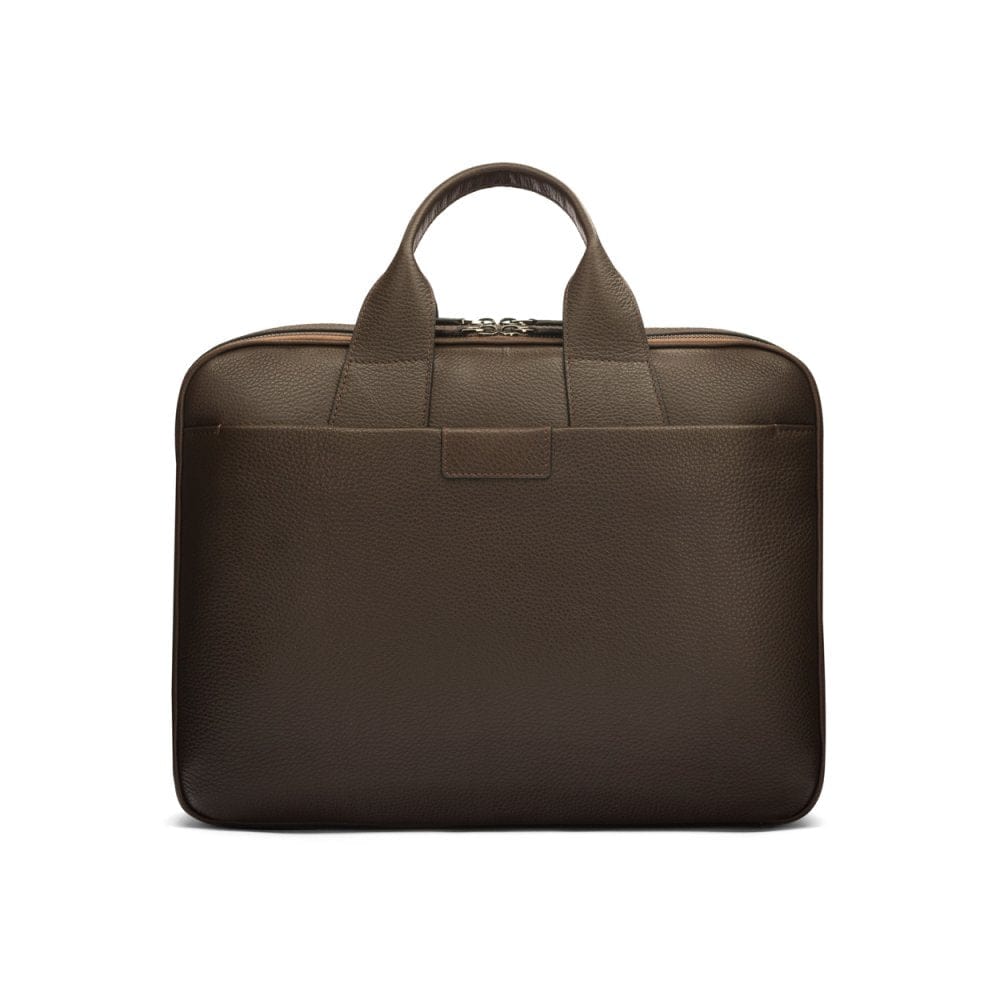 15" leather laptop briefcase, brown, front