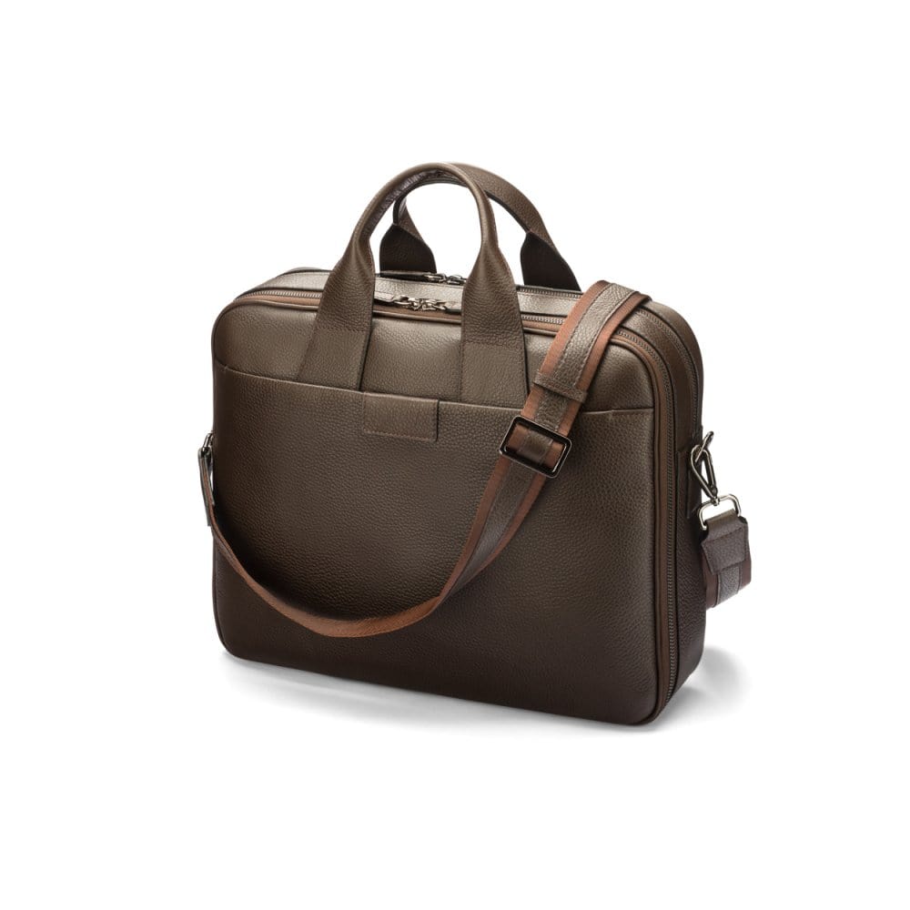 15" leather laptop briefcase, brown, with shoulder strap