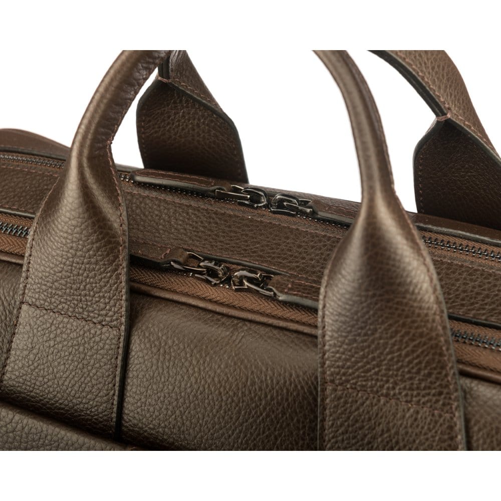 15" leather laptop briefcase, brown, gunmetal zips