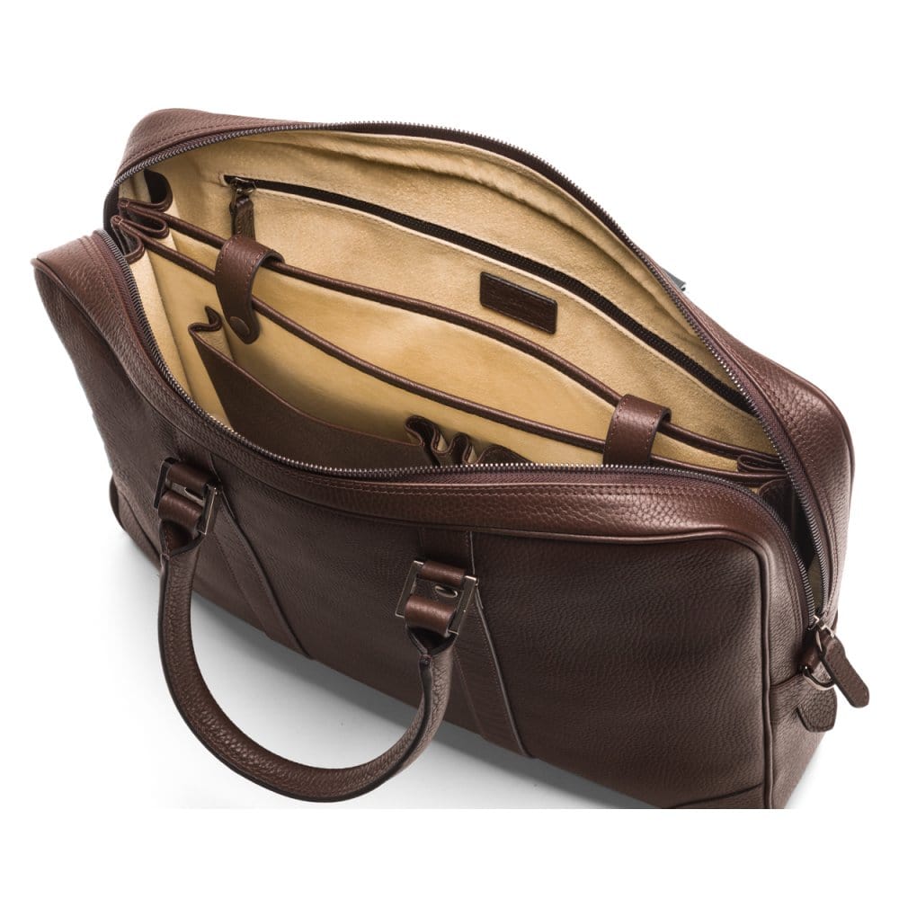 15" leather laptop bag, brown, inside