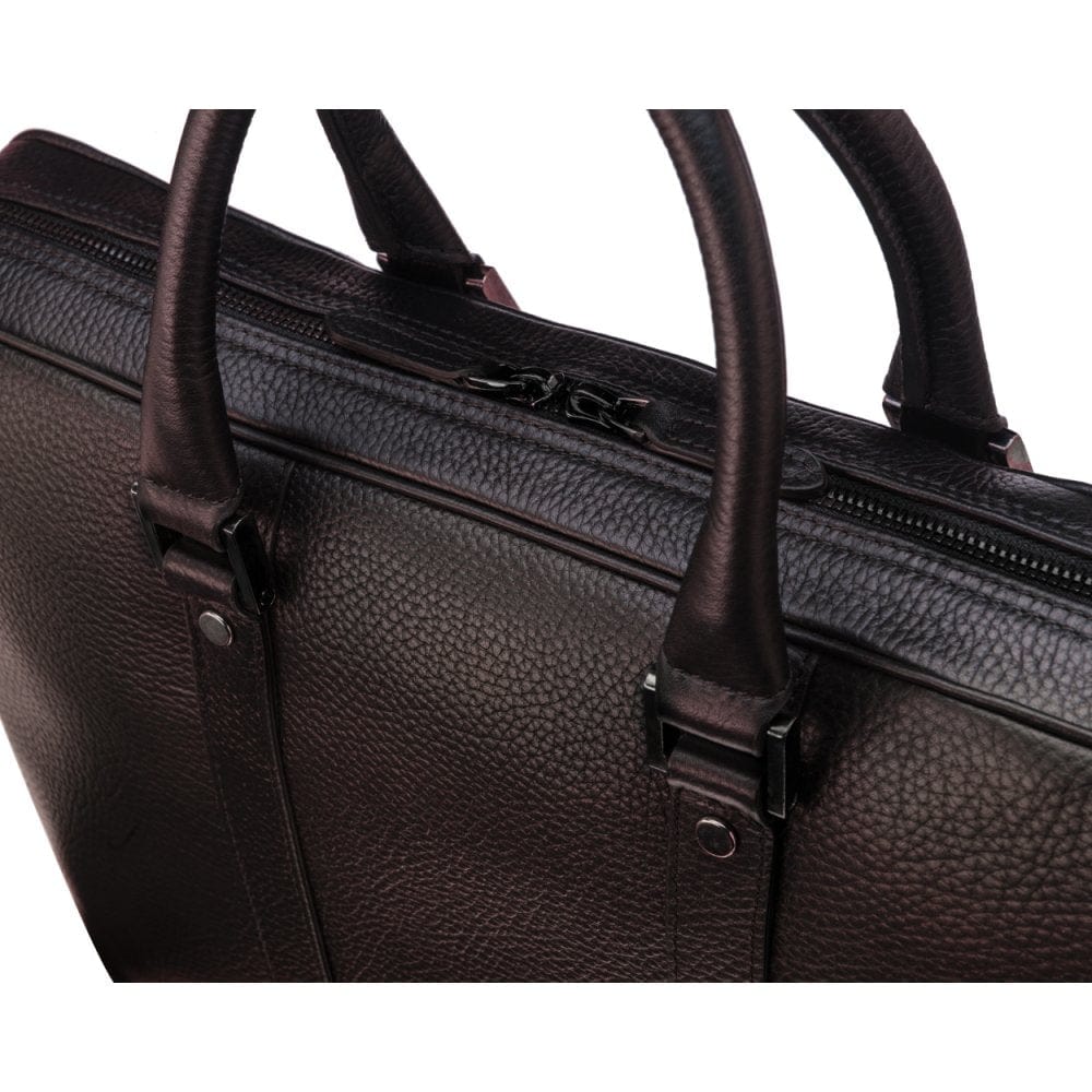 15" leather laptop bag, brown, gunmetal zips