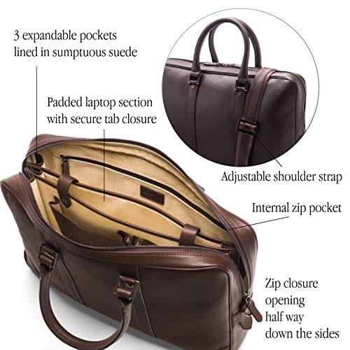 15" leather laptop bag, brown, features
