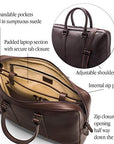 15" leather laptop bag, brown, features