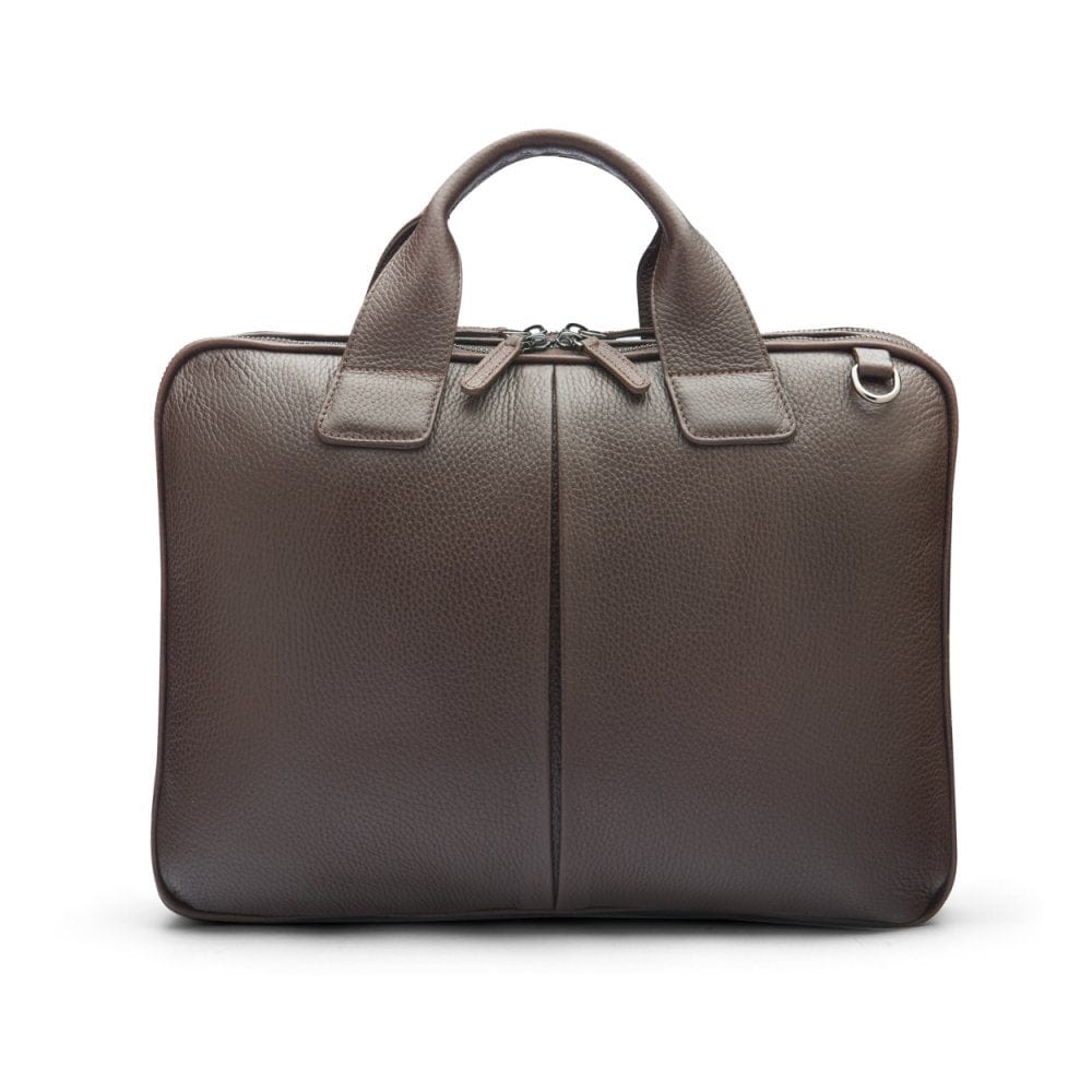 Leather 13" laptop briefcase, brown pebble grain, front