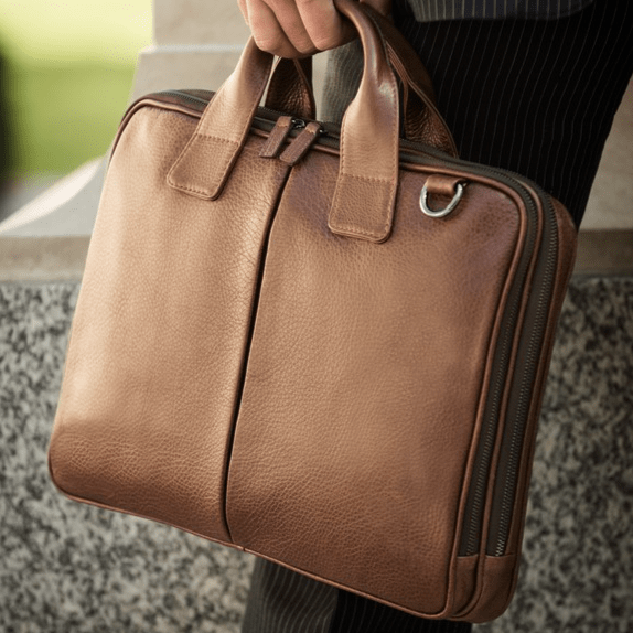 Leather 13" laptop briefcase, brown pebble grain, lifestyle