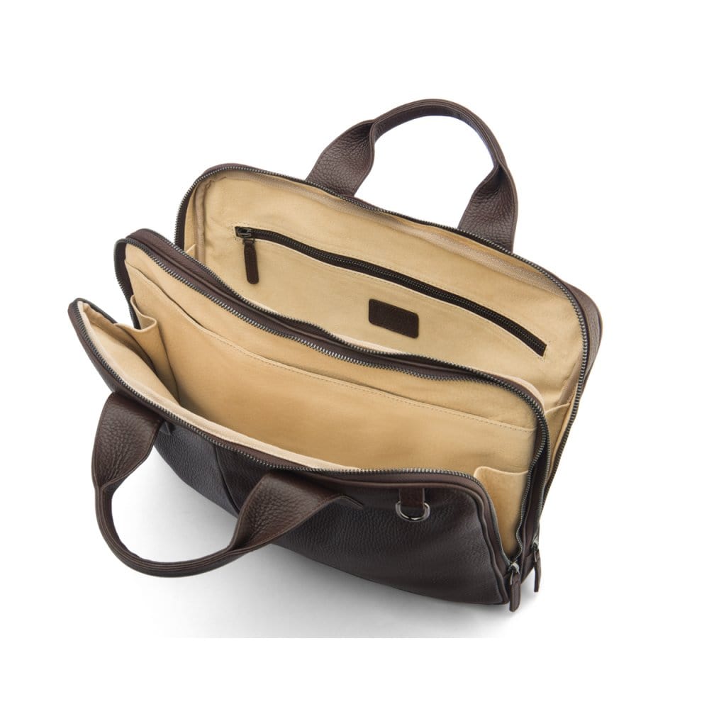 Leather 13" laptop briefcase, brown pebble grain, open