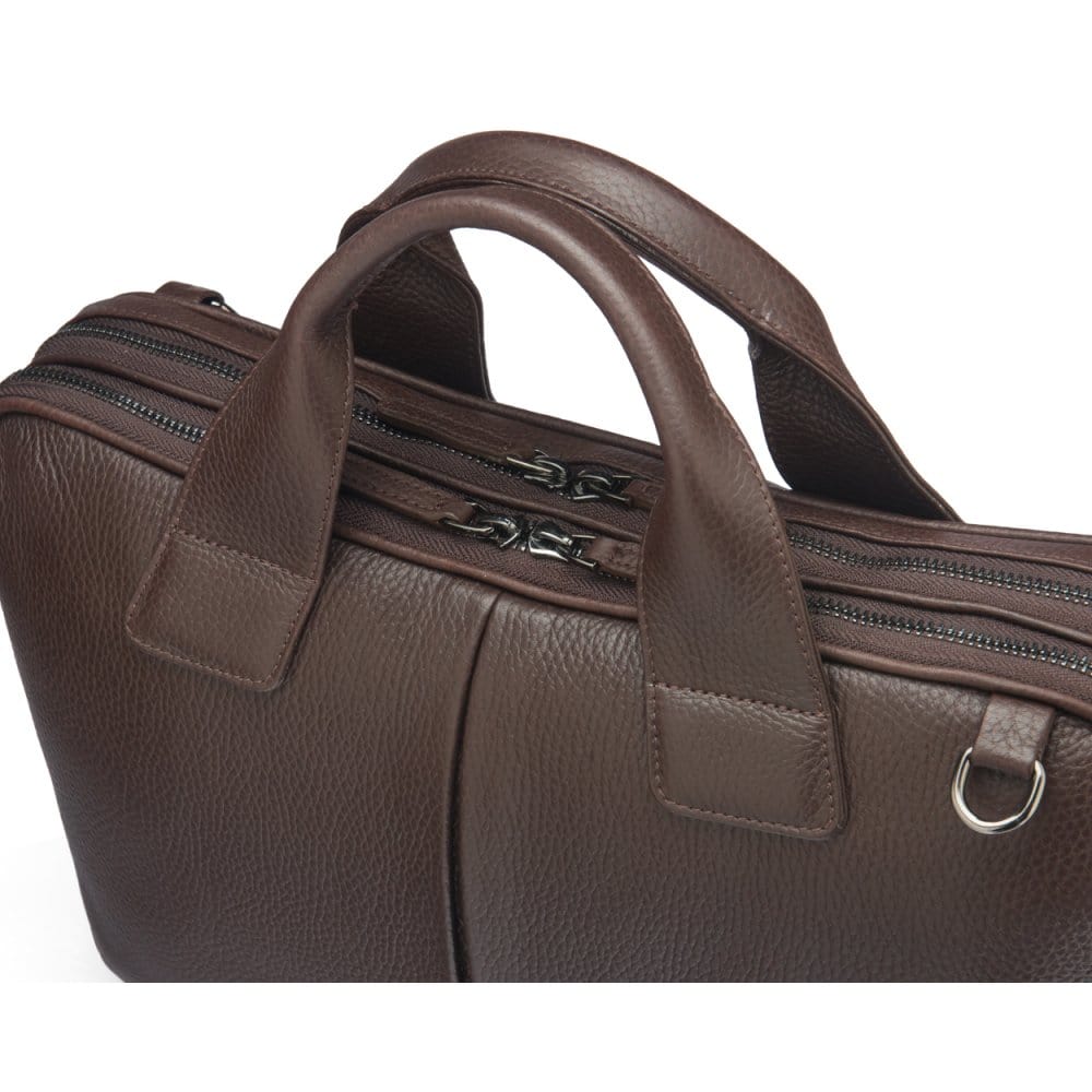 Leather 13" laptop briefcase, brown pebble grain, with zip closure