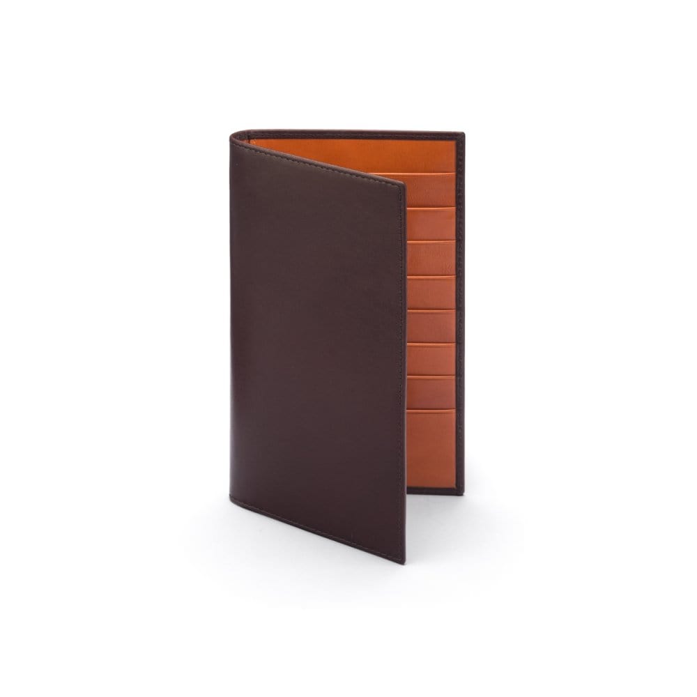 Slim tall leather suit wallet, brown with tan, front