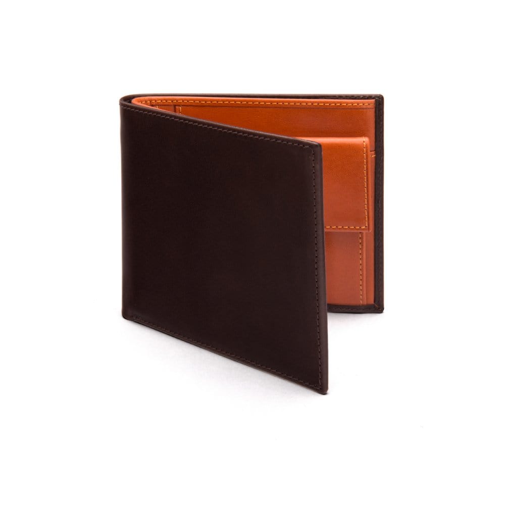 Leather wallet with coin purse, brown with orange, front
