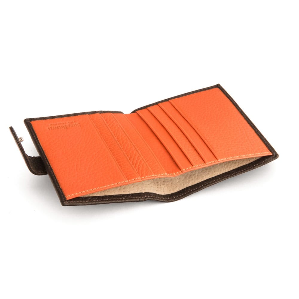 Compact leather billfold wallet with tab, brown with orange, inside