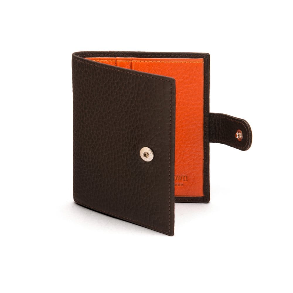 Compact leather billfold wallet with tab, brown with orange, front