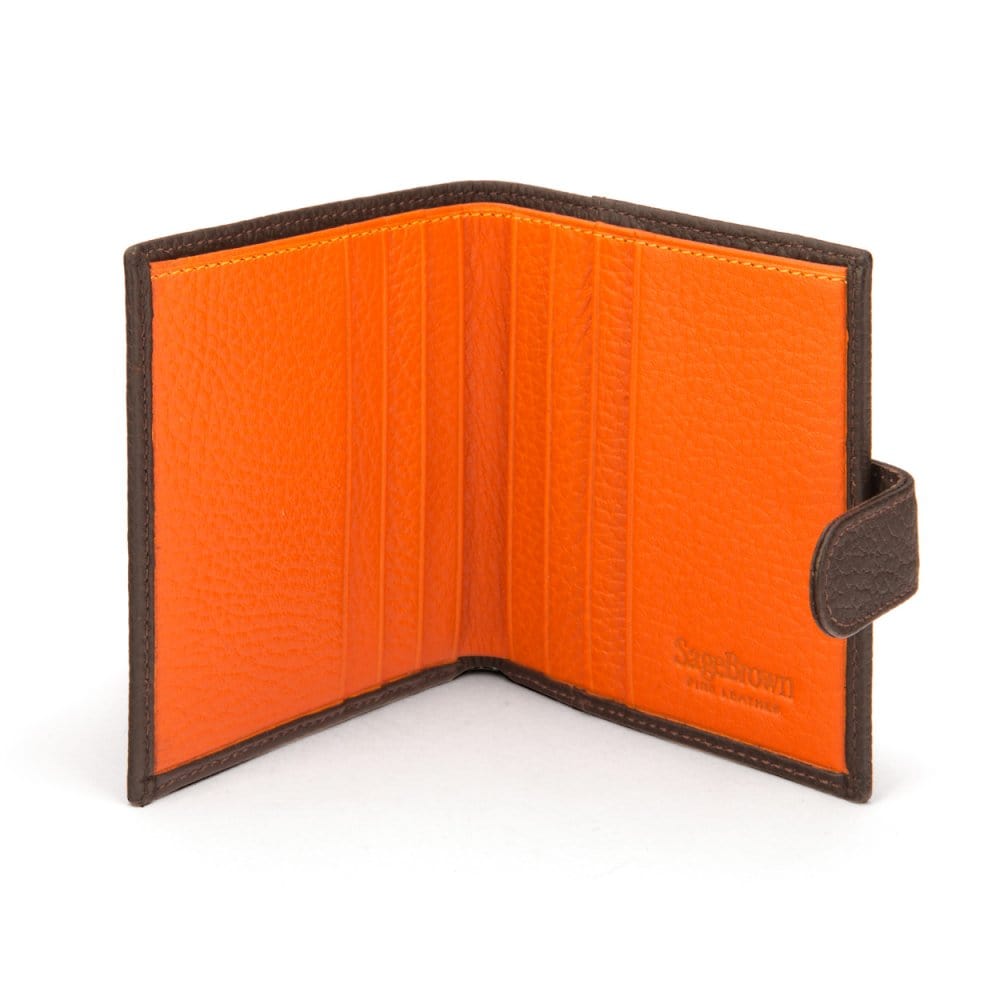 Compact leather billfold wallet with tab, brown with orange, open