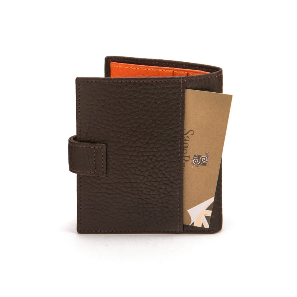 Compact leather billfold wallet with tab, brown with orange, back