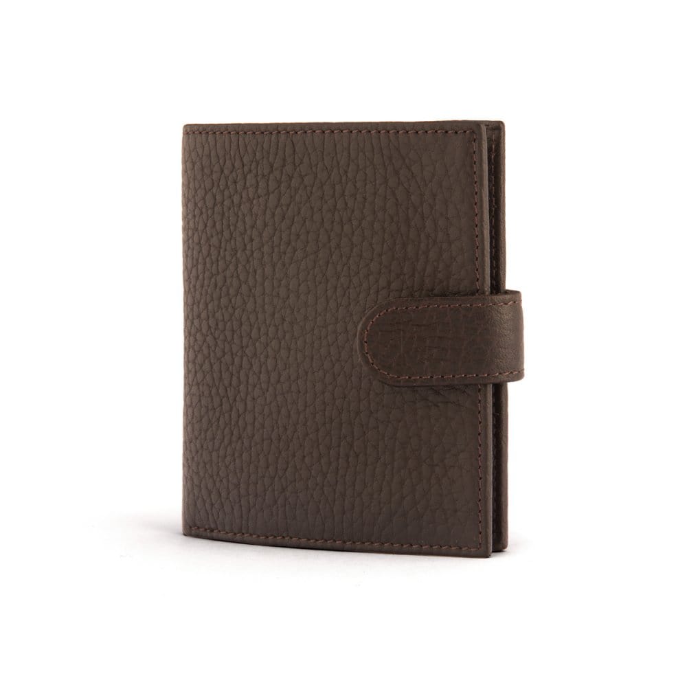 Compact leather billfold wallet with tab, brown with orange, front view