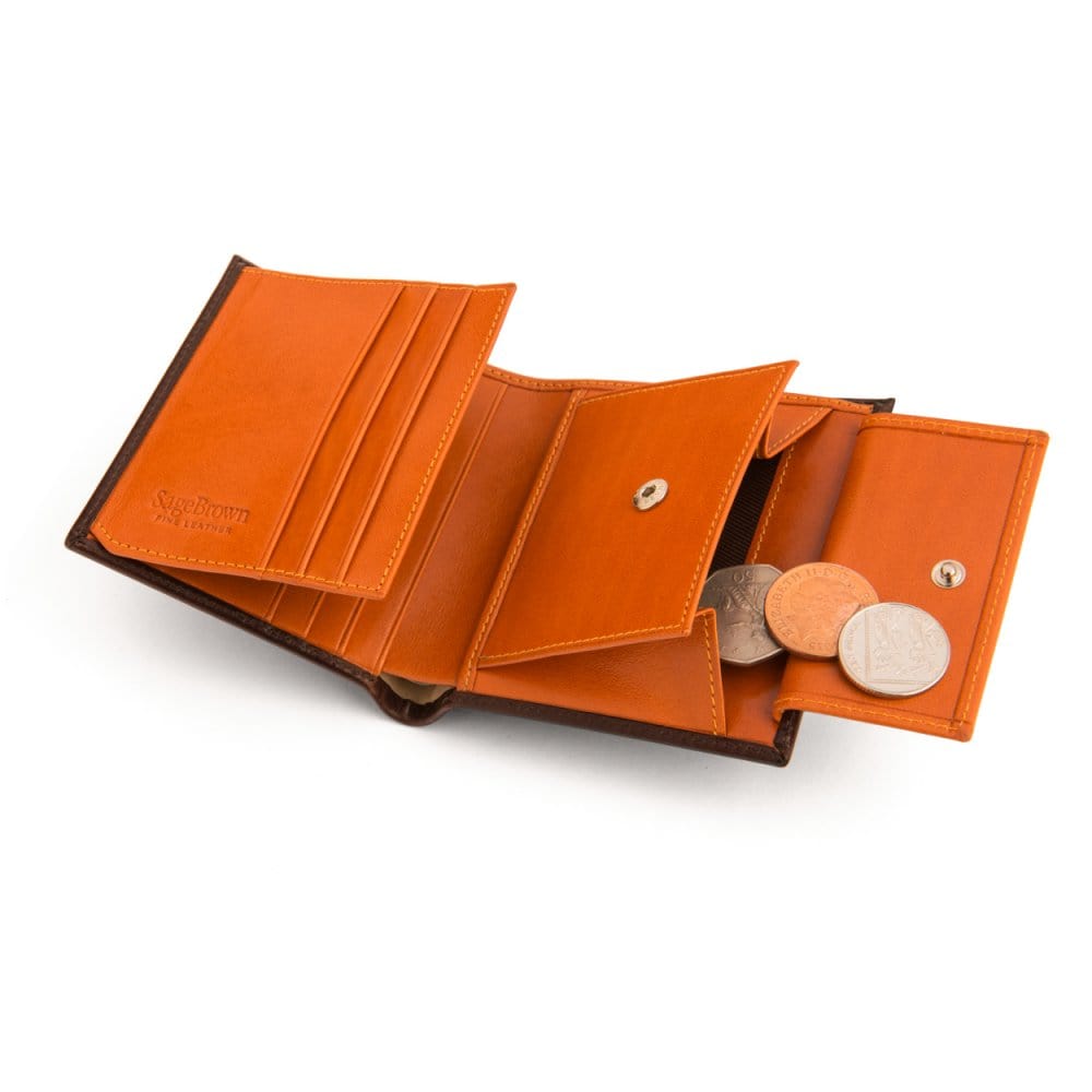 Leather wallet with coin purse, brown with orange, open