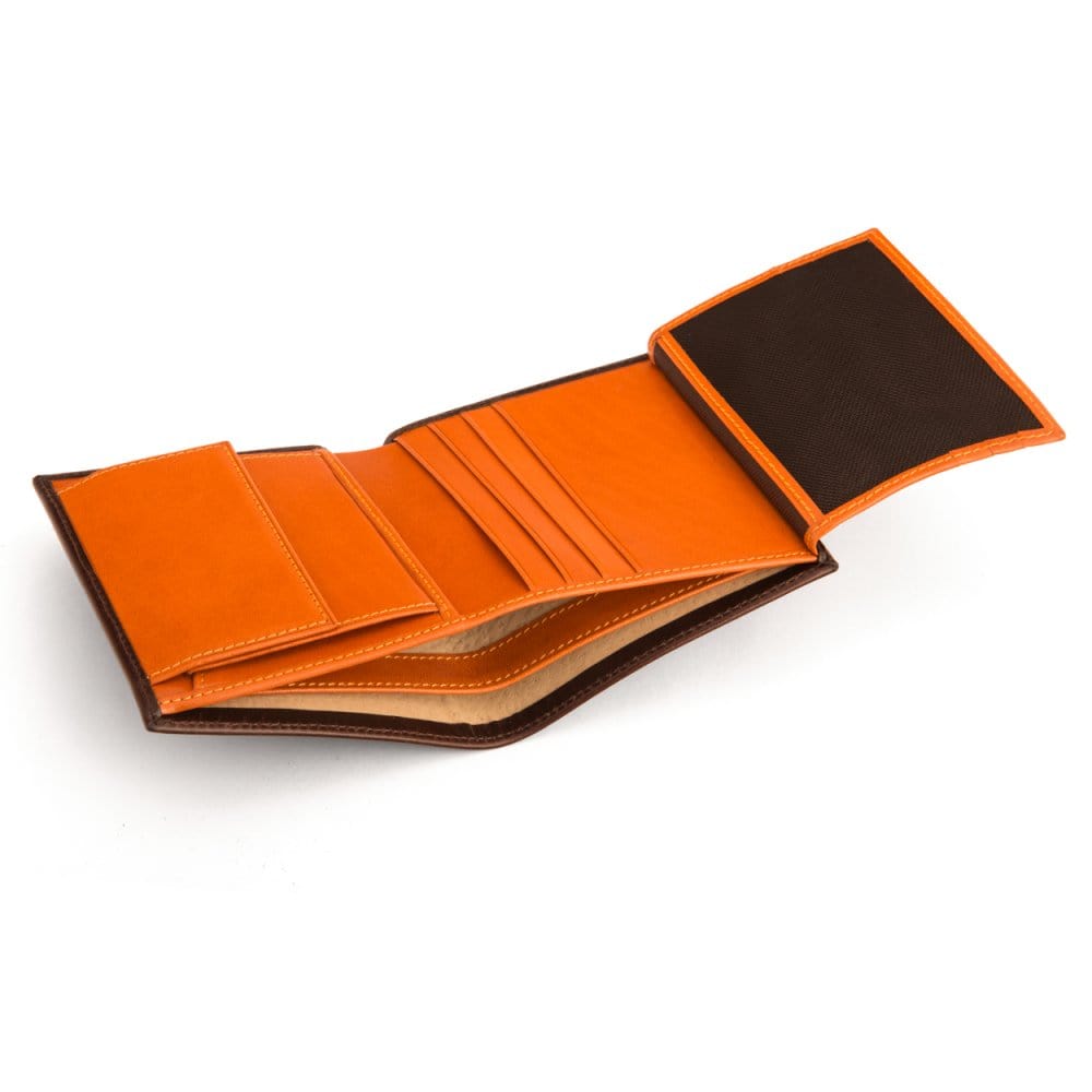 Leather wallet with coin purse, brown with orange, inside