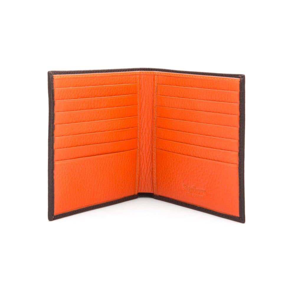 3/4 height leather wallet 14 CC, brown with orange, open