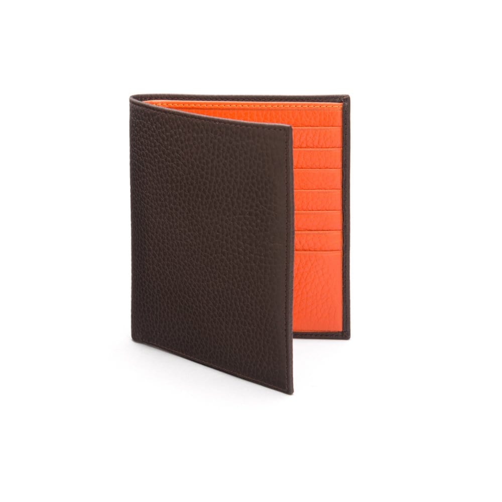 3/4 height leather wallet 14 CC, brown with orange, front