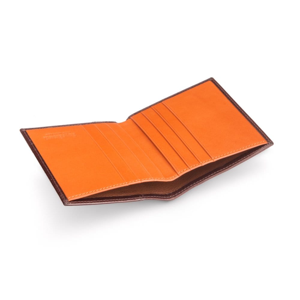 Leather compact billfold wallet 6CC, brown with orange, inside