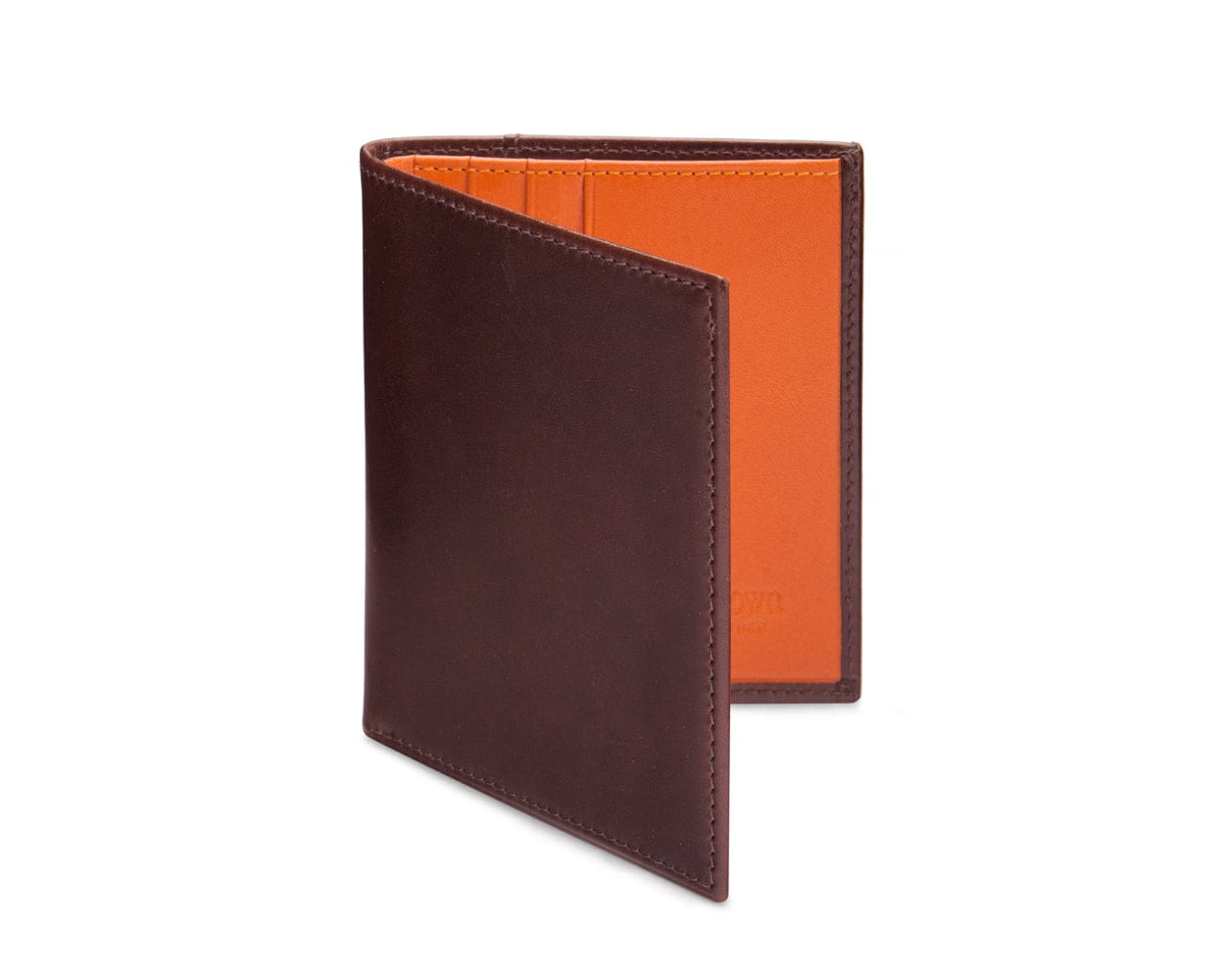 Leather compact billfold wallet 6CC, brown with orange, front