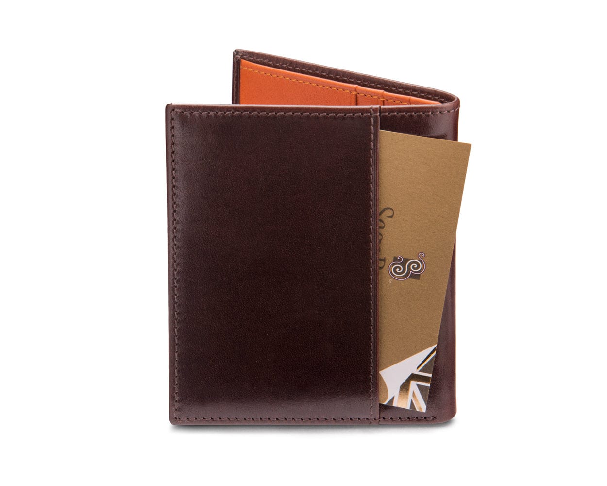 Men's small leather wallet, brown with orange, back view