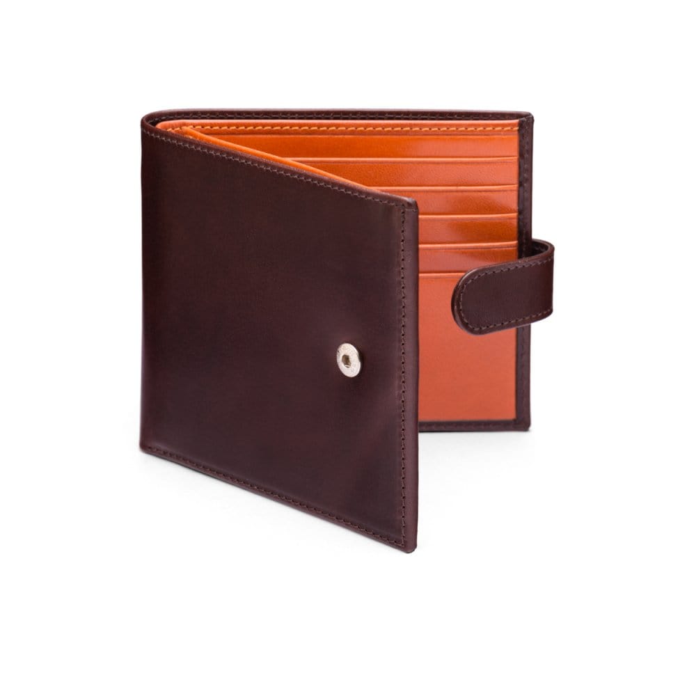 Leather wallet with tab closure, brown with orange, front
